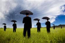 People in field with umbrellas approaching a storm